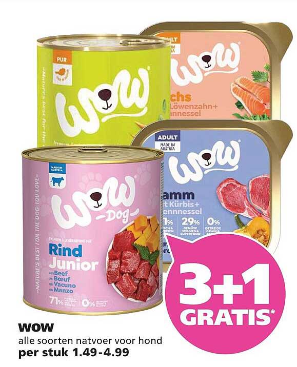 WOW alle soorten natvoer voor hond 3+1 GRATIS*
