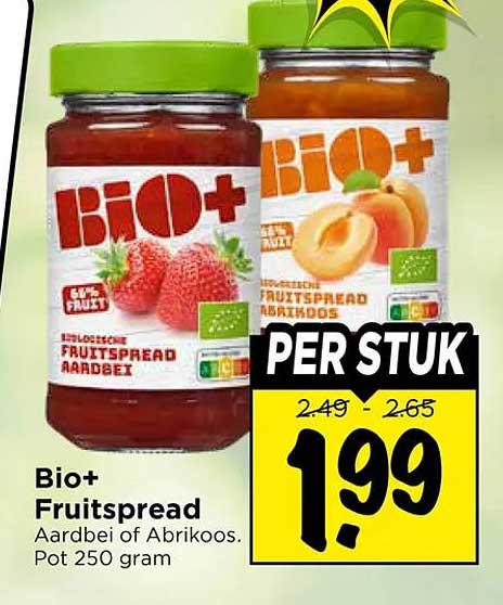 Bio+ Fruitspread Aardbei of Abrikoos. Pot 250 gram PER STUK