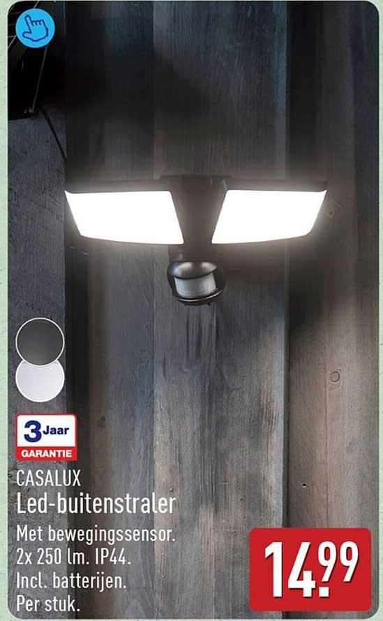 CASALUX Led-buitenstraler Met bewegingssensor. 2x 250 lm. IP44. Incl. batterijen. Per stuk.