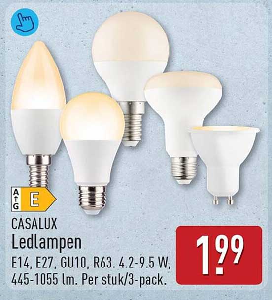 CASALUX Ledlampen E14, E27, GU10, R63, 4.2-9.5 W, 445-1055 lm. Per stuk/3-pack.