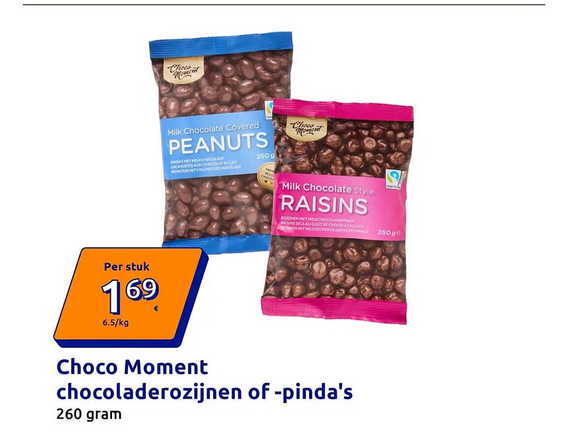 Choco Moment chocoladerozijnen of -pinda's 260 gram