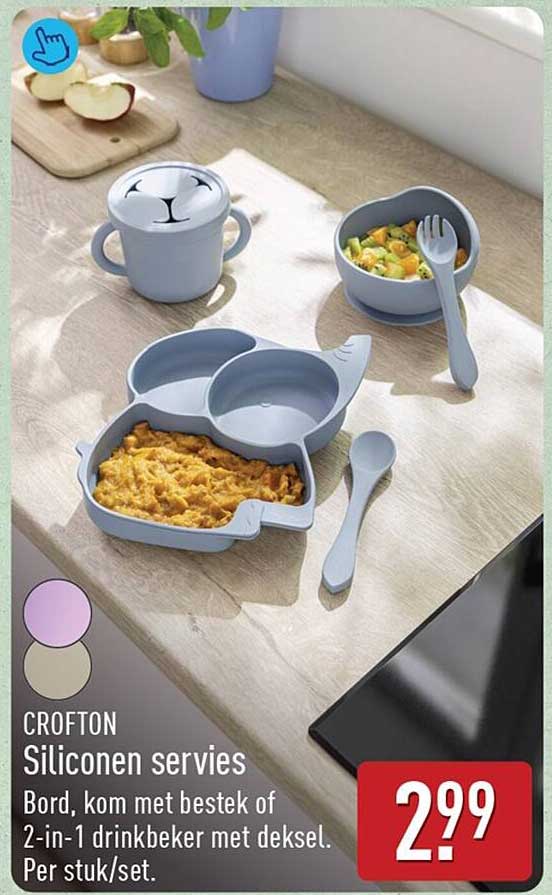 CROFTON Siliconen servies Bord, kom met bestek of 2-in-1 drinkbeker met deksel. Per stuk/set.