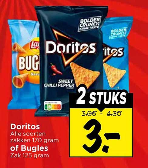 Doritos Alle soorten zakken 170 gram of Bugles Zak 125 gram 2 stuks