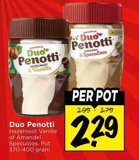 Duo Penotti Hazelnoot Vanille of Amandel Speculoos. Pot 370-400 gram