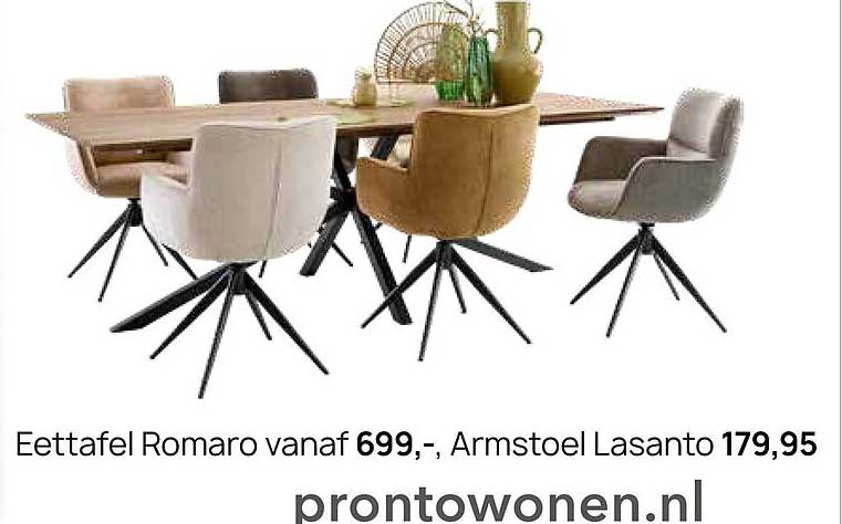 Eettafel Romaro vanaf 699,-, Armstoel Lasanto 179,95