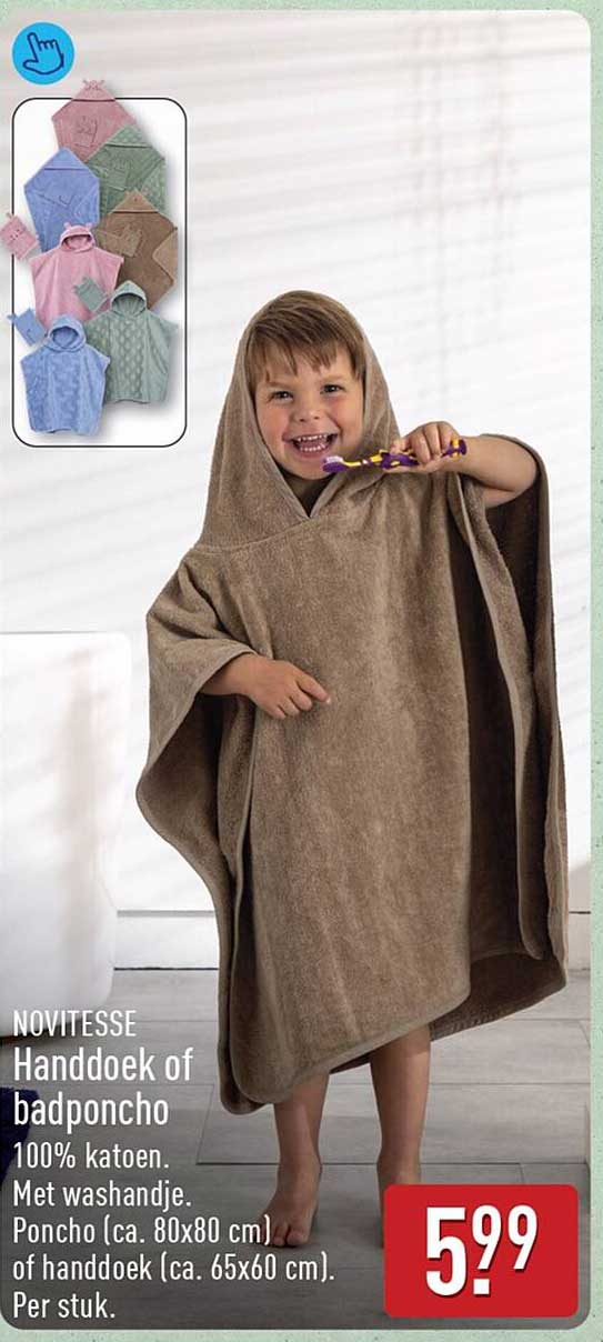 Handdoek of badponcho 100% katoen. Met washandje. Poncho (ca. 80x80 cm) of handdoek (ca. 65x60 cm). Per stuk.