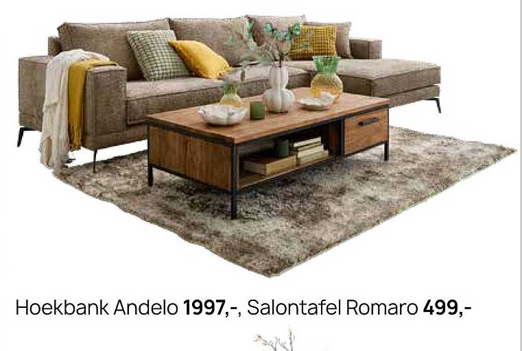Hoekbank Andelo 1997,-, Salontafel Romaro 499,-