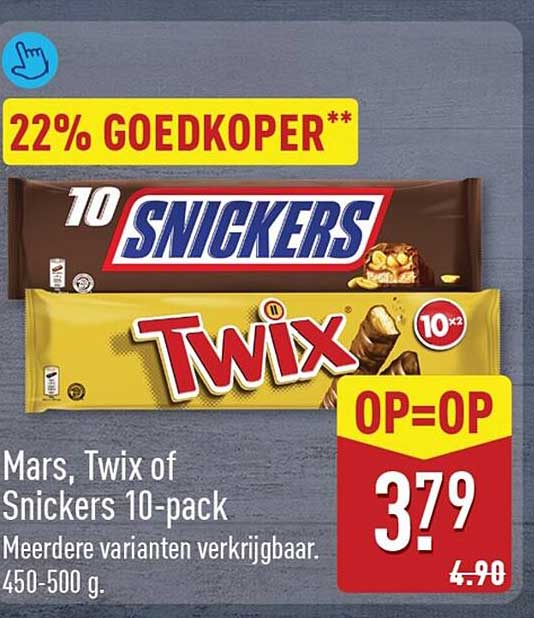 Mars, Twix of Snickers 10-pack 22% GOEDKOPER* OP=OP