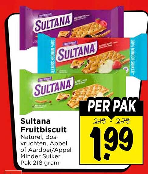 Sultana Fruitbiscuit Naturel, Bosvruchten, Appel of Aardbei/Appel Minder Suiker. Pak 218 gram
