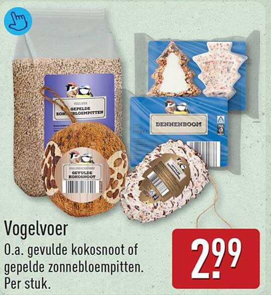 Vogelvoer o.a. gevulde kokosnoot of gepelde zonnebloempitten