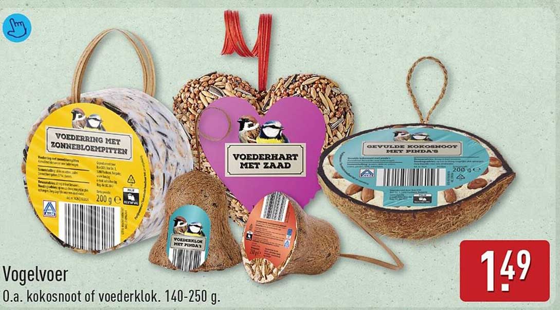 Vogelvoer O.a. kokosnoot of voerklok. 140-250 g.
