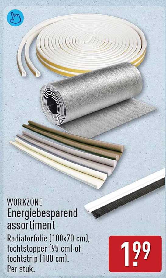 WORKZONE Energiebesparend assortiment Radiatorfolie (100x70 cm), tochtstopper (95 cm) of tochtstrip (100 cm). Per stuk.