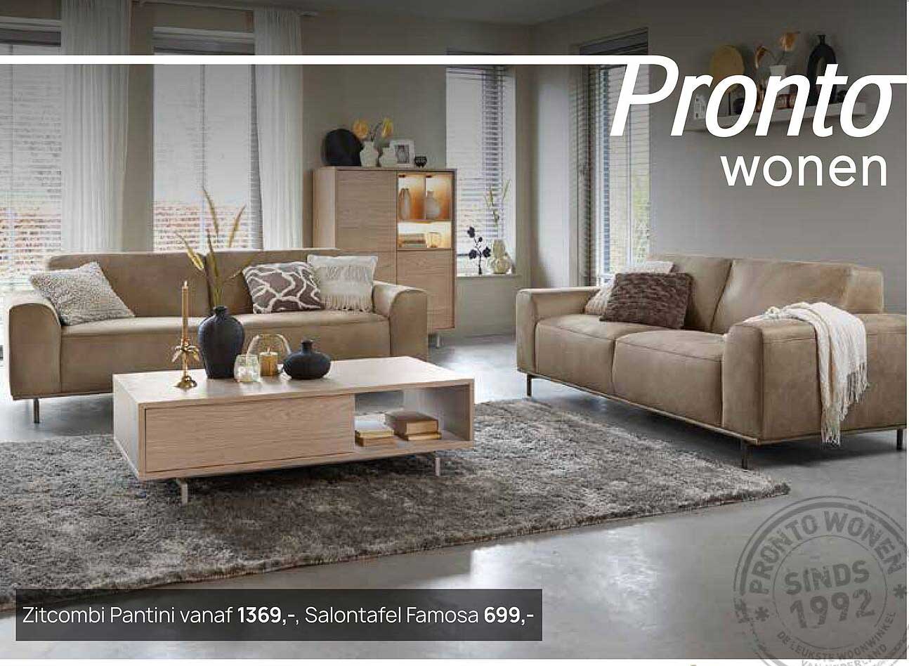 Zitcombi Pantini vanaf 1369,-, Salontafel Famosa 699,-