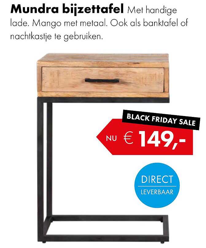 Mundra bijzettafel Met handige lade. Mango met metaal. Ook als banktafel of nachtkastje te gebruiken.