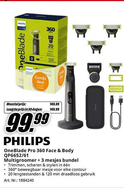 Philips OneBlade Pro 360 Face & Body QP6652/61 Multigroomer + 3 mesjes bundel