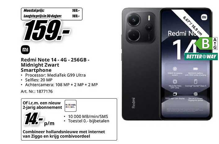 Redmi Note 14 - 4G - 256GB - Midnight Zwart Smartphone