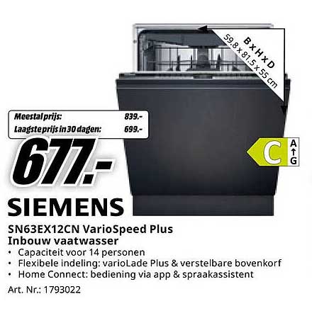 Siemens SN63EX12CN VarioSpeed Plus Inbouw vaatwasser