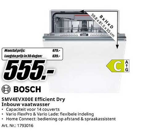 SMV4EVX00E Efficient Dry Inbouw vaatwasser