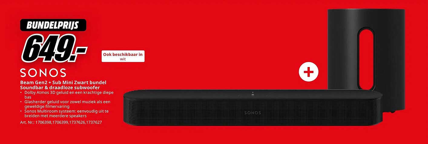 SONOS Beam Gen2 + Sub Mini Zwart bundel Soundbar & draadloze subwoofer