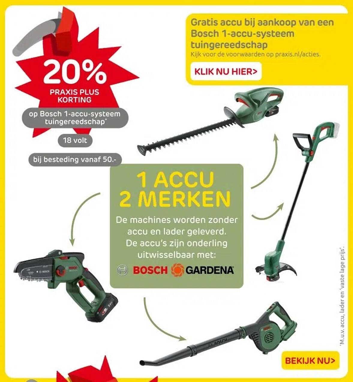 20% PRAXIS PLUS KORTING op Bosch 1-accu-systeem tuingereedschap