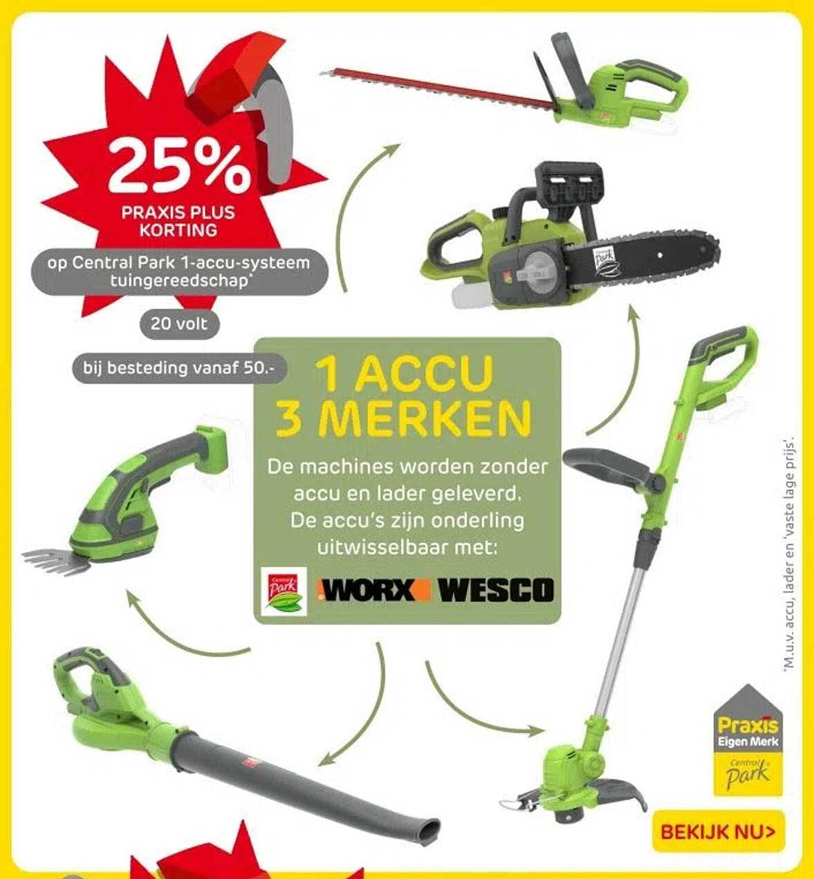 25% PRAKIS PLUS KORTING op Central Park 1-accu-systeem tuingereedschap