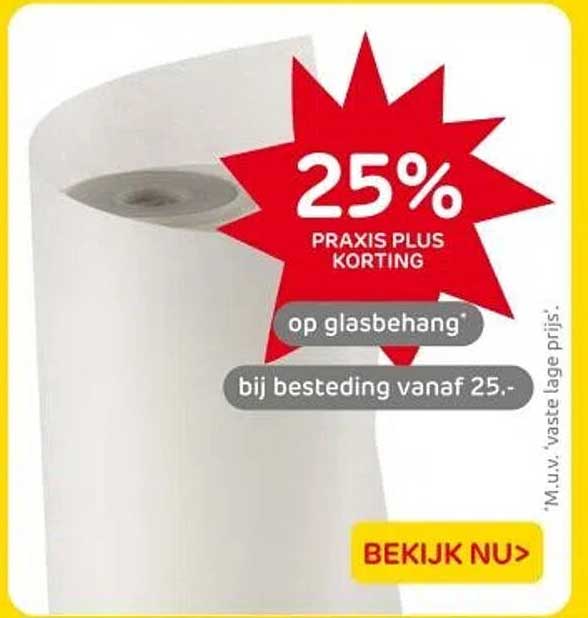 25% PRAKIS PLUS KORTING op glasbehang bij besteding vanaf 25.-