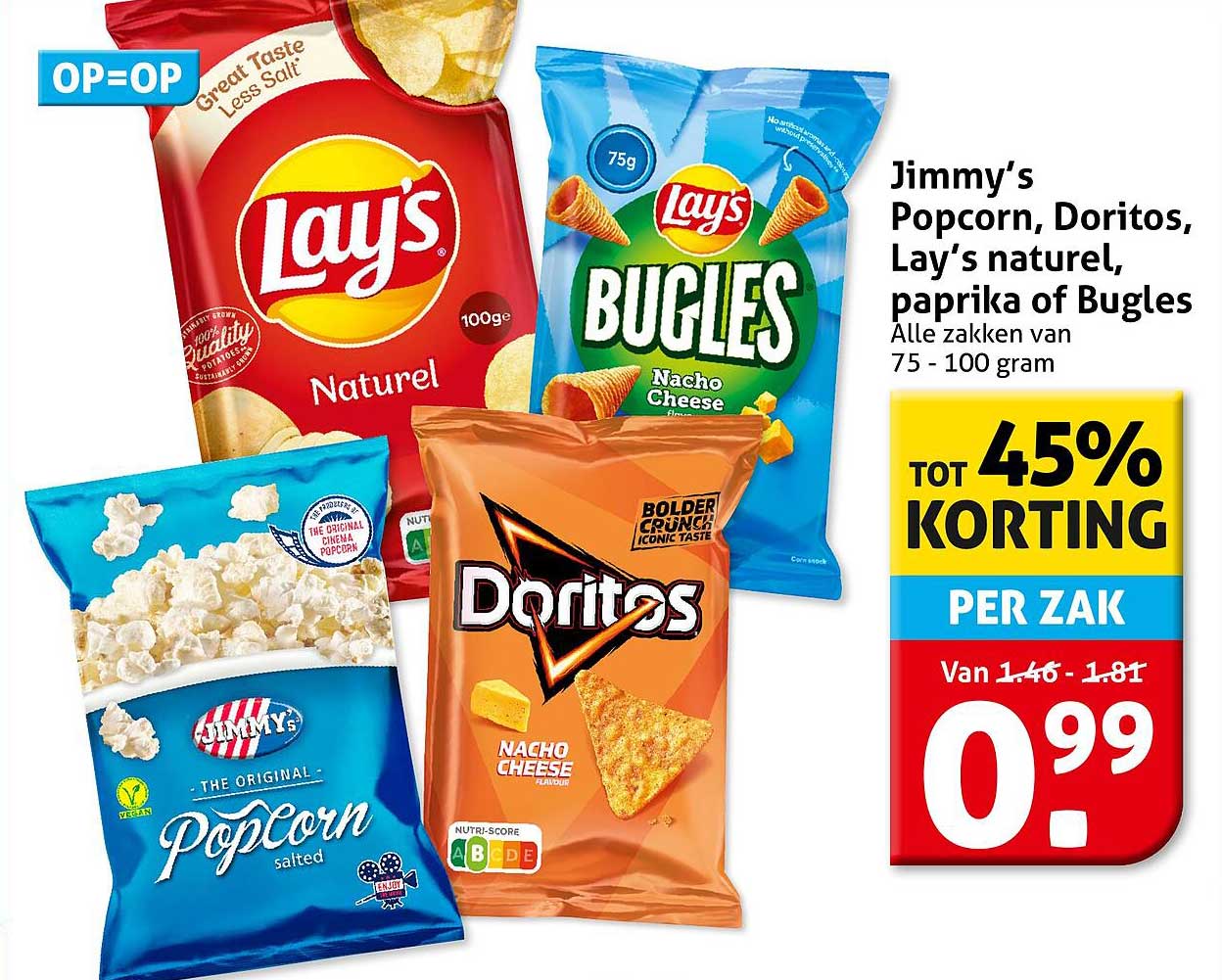 Alle zakken van 75 - 100 gram Jimmy’s Popcorn, Doritos, Lay’s natuur, paprika of Bugles tot 45% korting