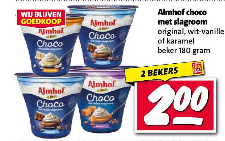 Almhof choco met slagroom original, wit-vanille of karamel beker 180 gram