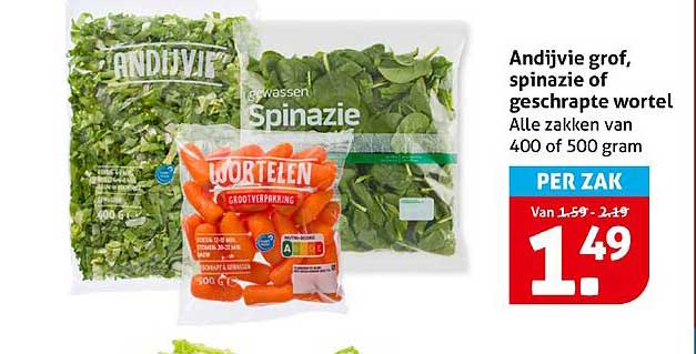 Andijvie grof, spinazie of geschaafde wortel, Alle zakken van 400 of 500 gram