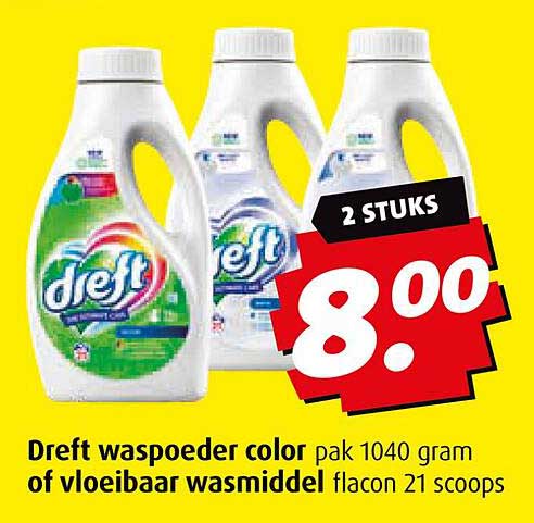 Dreft waspoeder color pak 1040 gram of vloeibaar wasmiddel flacon 21 scoops