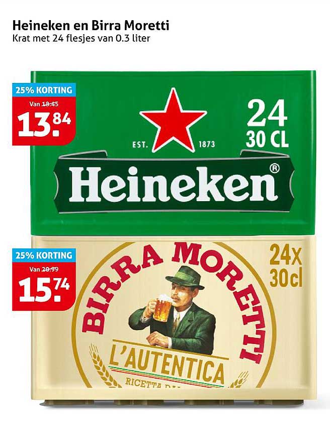 Heineken en Birra Moretti Krat met 24 flesjes van 0.3 liter