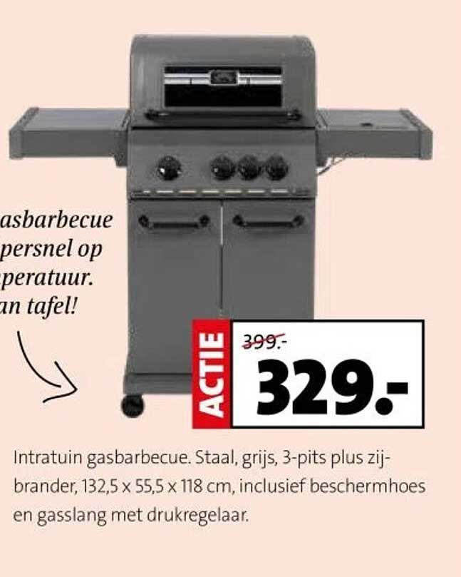 Intratuin gasbarbecue. Staal, grijs, 3-pits plus zijbrander, 132,5 x 55,5 x 118 cm, inclusief beschermhoes en gasslang met drukregelaar.
