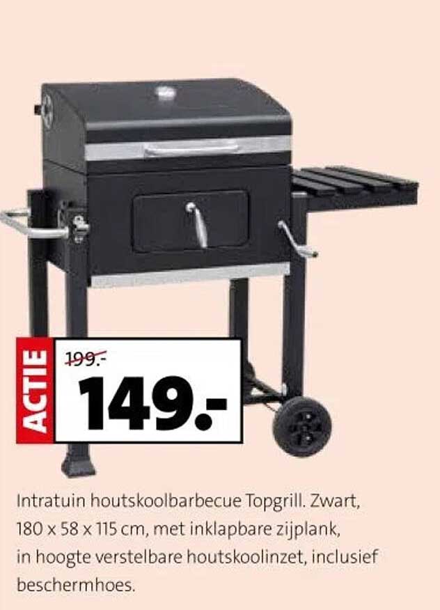 Intratuin houts koolbarbecue Topgrill. Zwart, 180 x 58 x 115 cm, met inklapbare zijplank, in hoogte verstelbare houts koolin zet, inclusief beschermhoes.