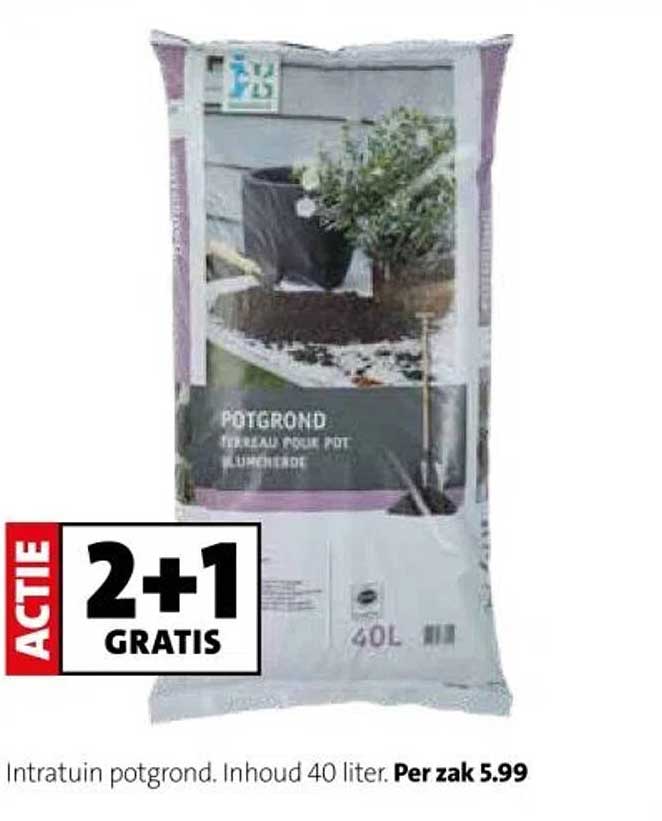 Intratuin potgrond. Inhoud 40 liter. Per zak 5.99