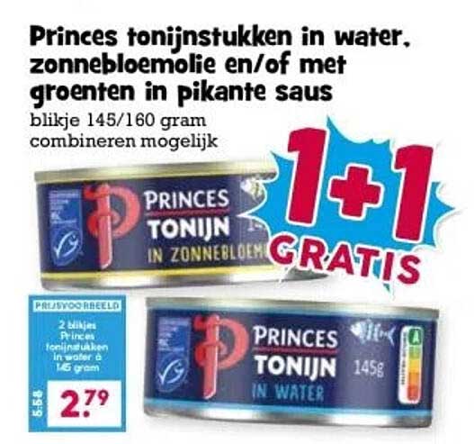Princes tonijnstukken in water, zonnebloemolie en/of met groenten in pikante saus, blikje 145/160 gram, combineren mogelijk