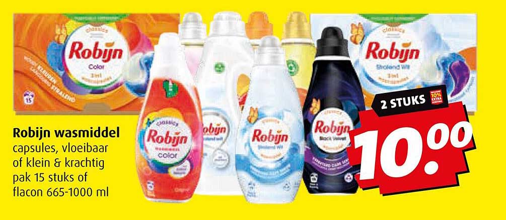 Robijn wasmiddel capsules, vloeibaar of klein & krachtig pak 15 stuks of flacon 665-1000 ml