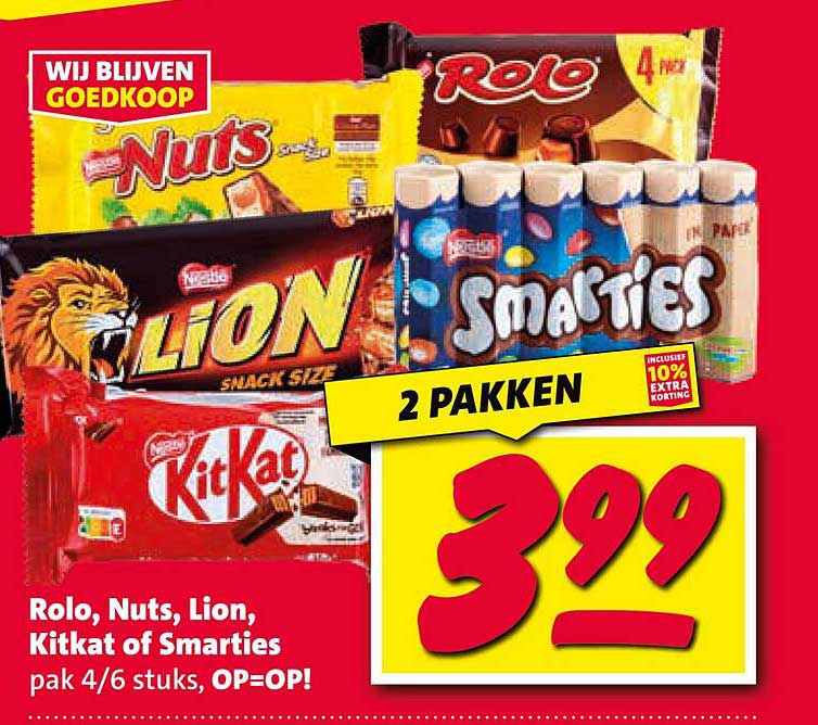 Rolo, Nuts, Lion, Kitkat of Smarties - 2 pakken voor €3,99