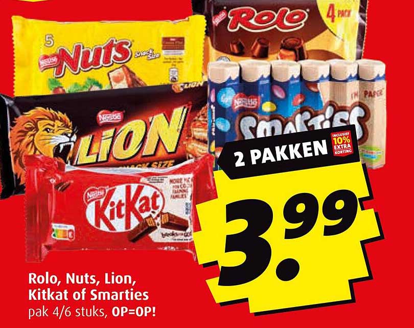 Rolo, Nuts, Lion, Kitkat of Smarties pak 4/6 stuks, OP=OP!