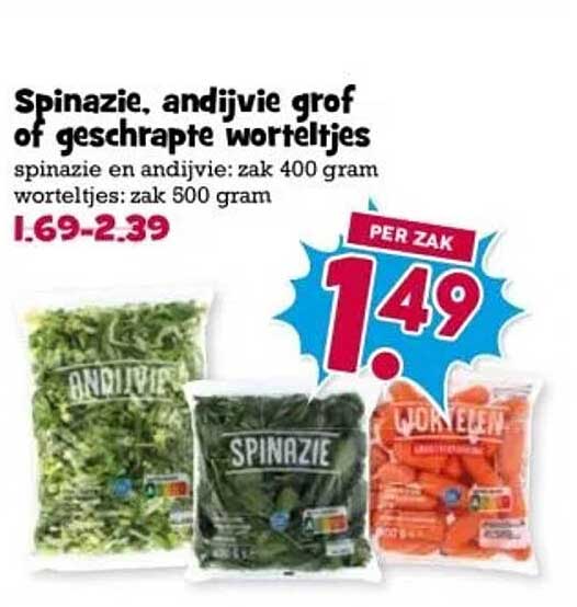 Spinazie, andijvie grof of geschaafde worteltjes
