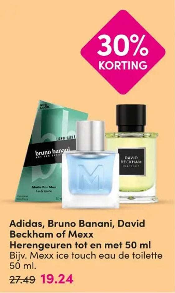 Adidas, Bruno Banani, David Beckham of Mexx Herengeuren tot en met 50 ml 30% korting