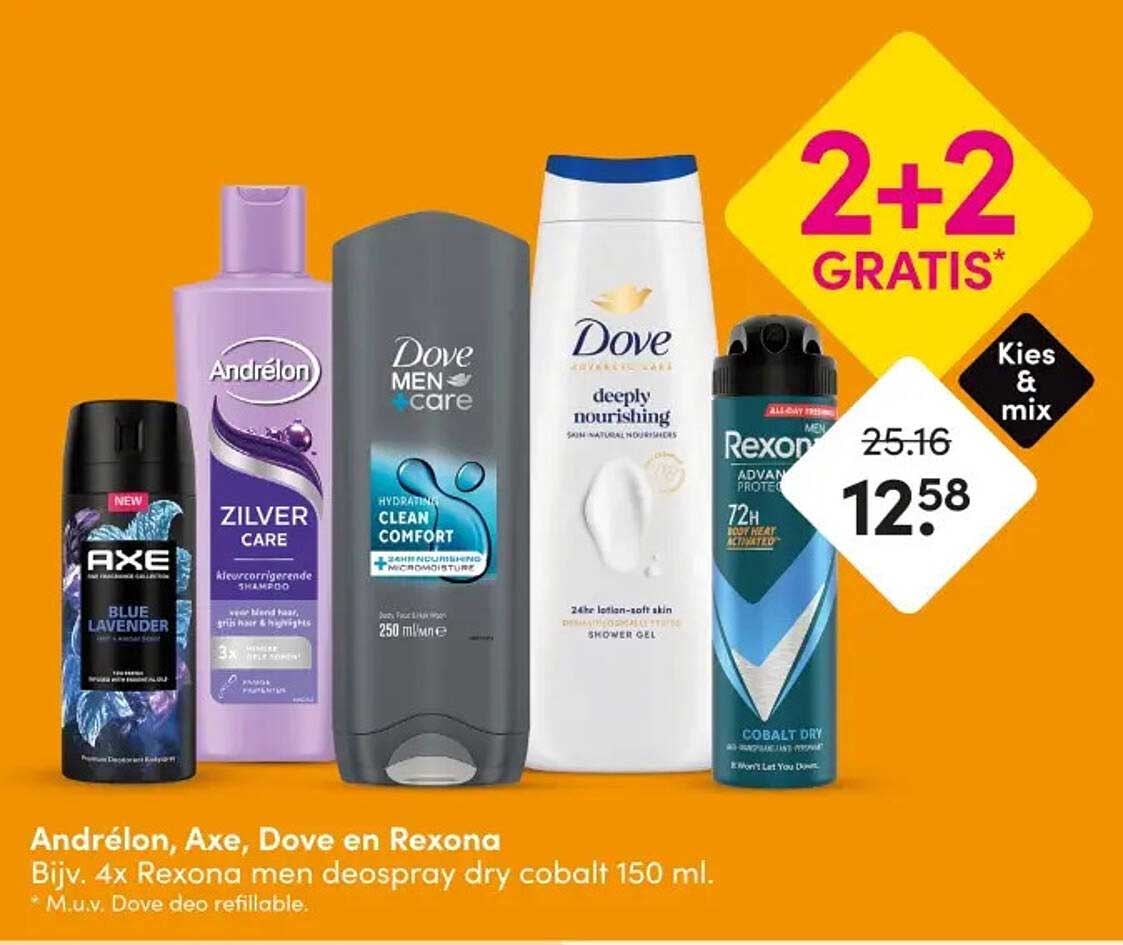 Andrélon, Axe, Dove en Rexona 2+2 gratis