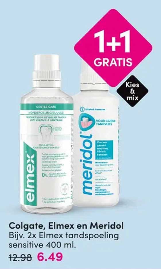 Colgate, Elmex en Meridol Bijv. 2x Elmex tandspoeling sensitive 400 ml 1+1 GRATIS