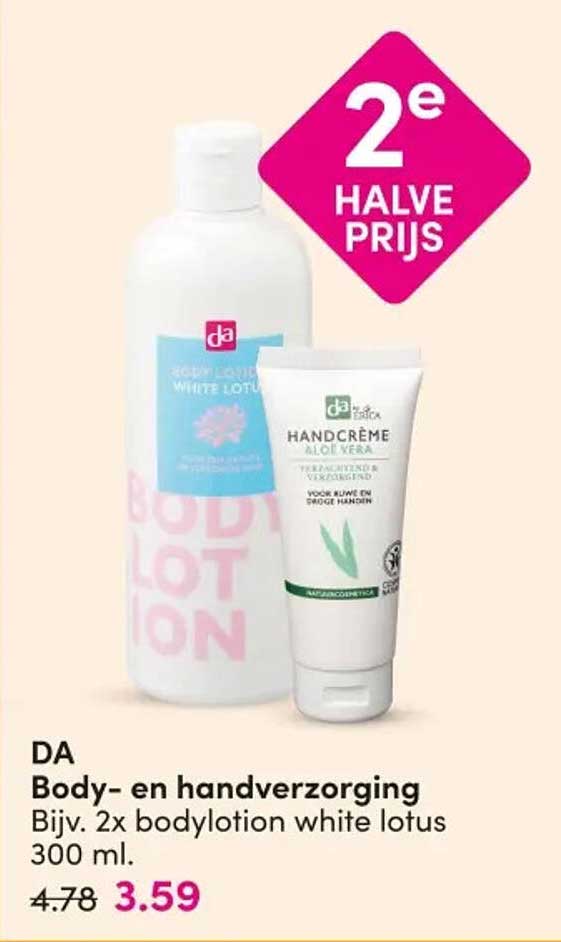 DA Body- en handverzorging Bijv. 2x bodylotion white lotus 300 ml. 2e halve prijs