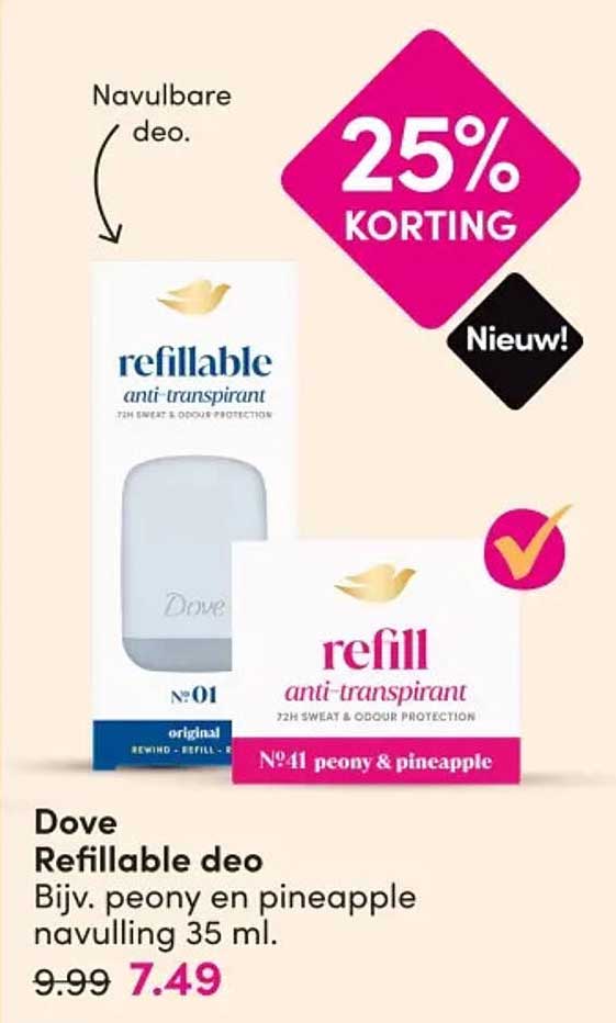 Dove Refillable deo Bijv. peony en pineapple navulling 35 ml. 25% KORTING