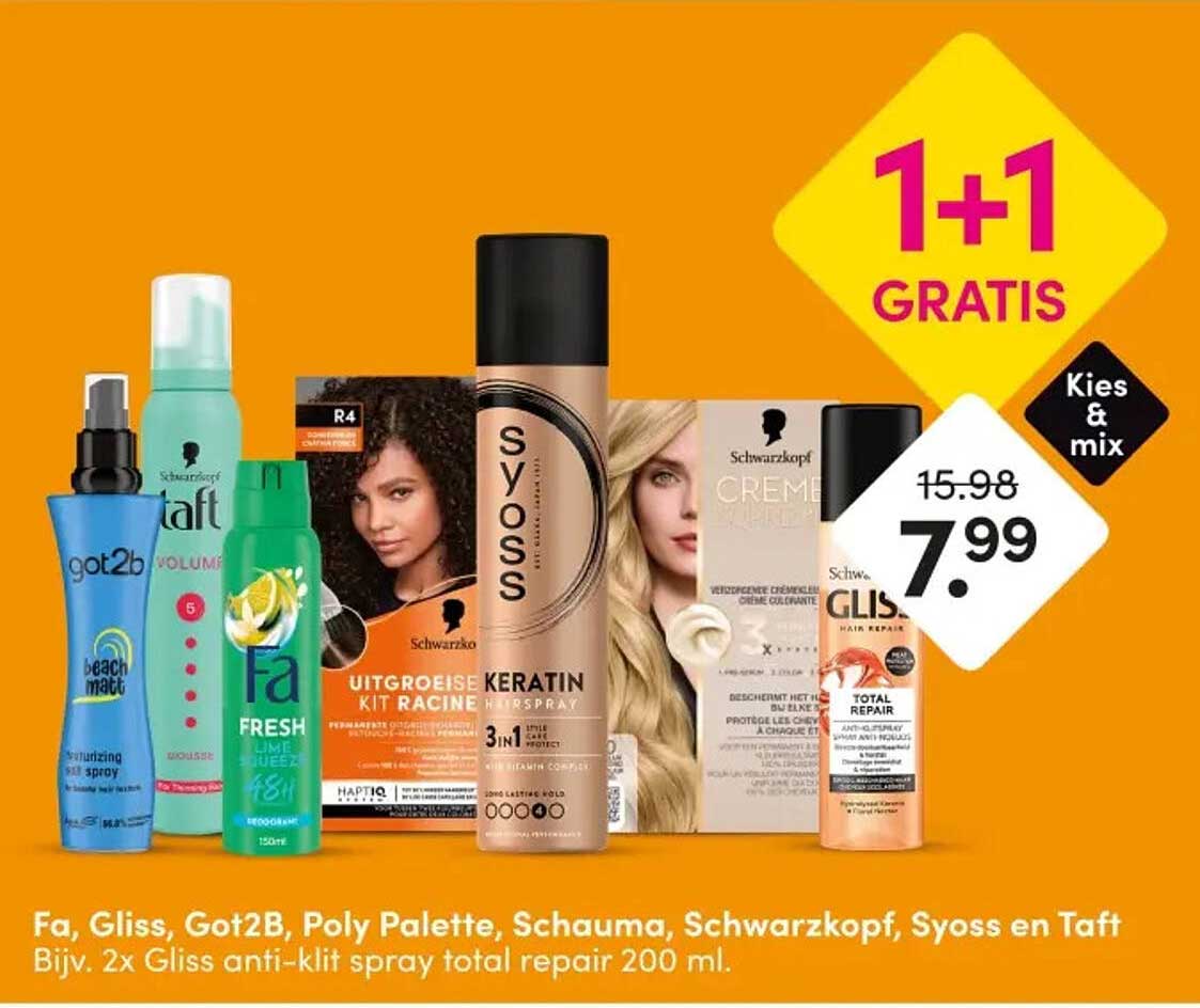 Fa, Gliss, Got2B, Poly Palette, Schauma, Schwarzkopf, Syoss en Taft 1+1 gratis