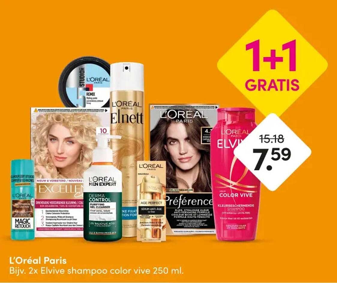 L'Oréal Paris Bijv. 2x Elvive shampoo color vive 250 ml. 1+1 GRATIS