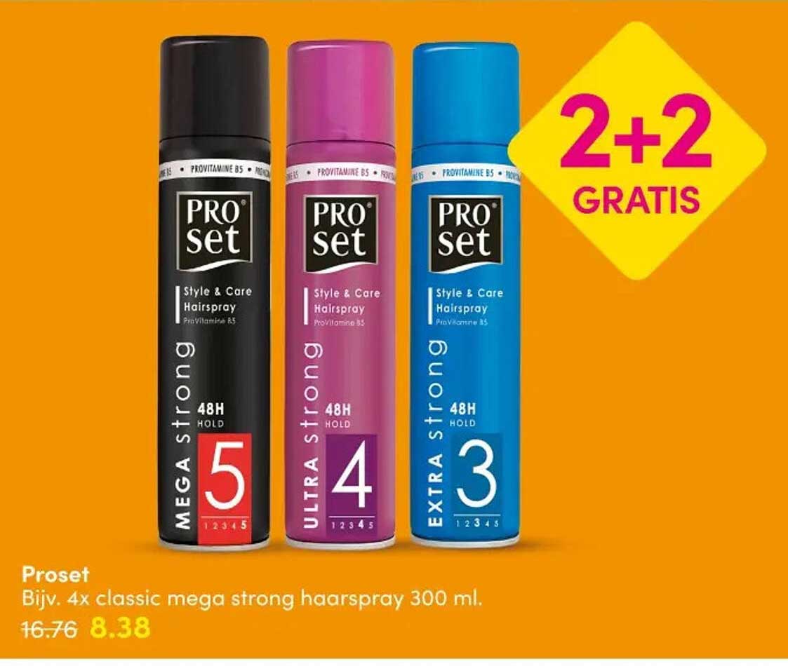 Proset Bijv. 4x classic mega strong haarspray 300 ml. 2+2 GRATIS