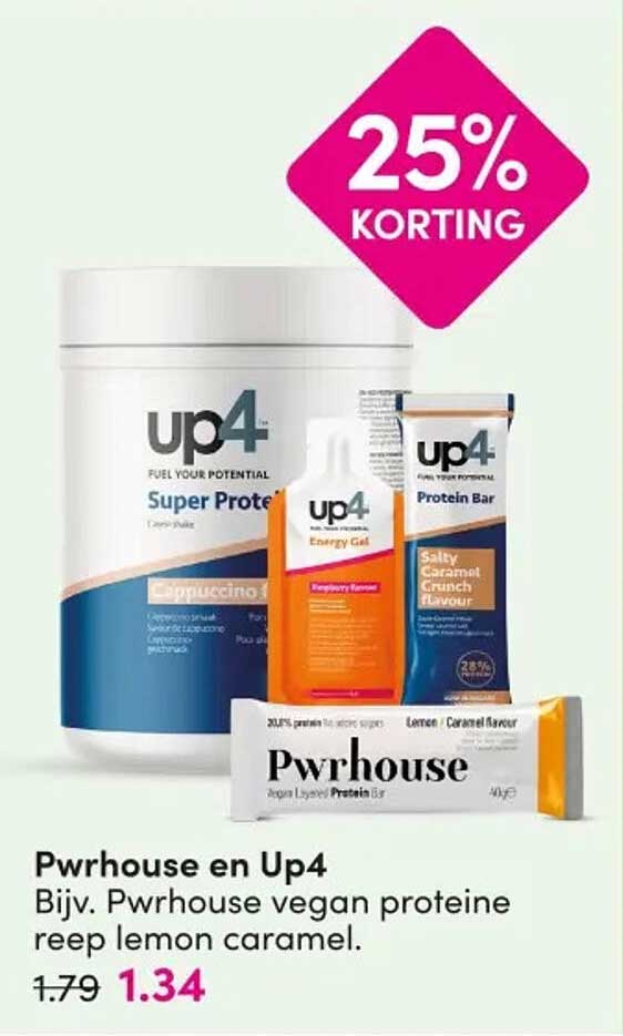 Pwrhouse en Up4 Bijv. Pwrhouse vegan proteine reep lemon caramel. 25% KORTING