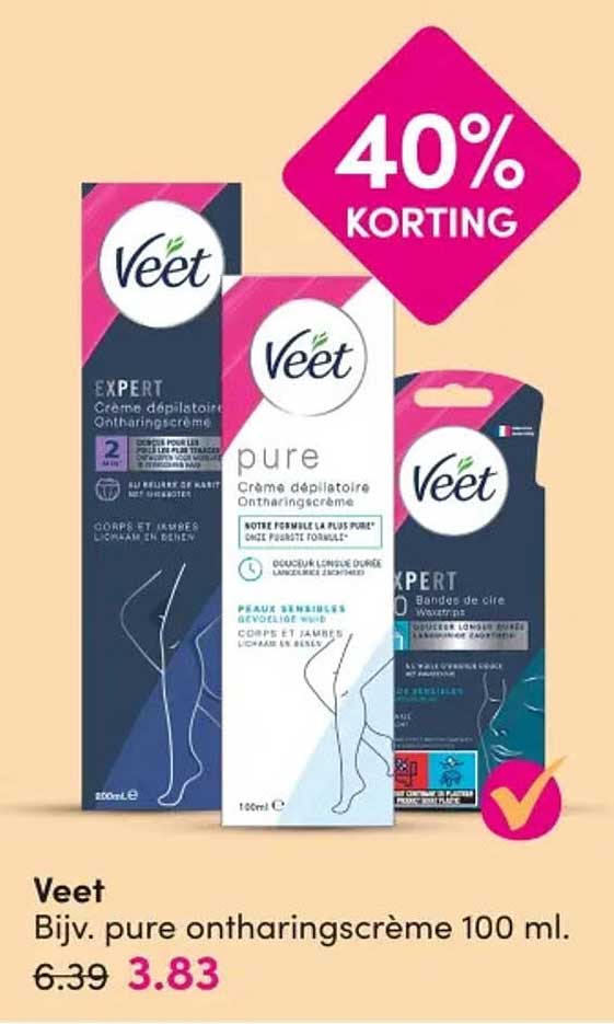 Veet Bijv. pure ontharingscrème 100 ml. 40% KORTING