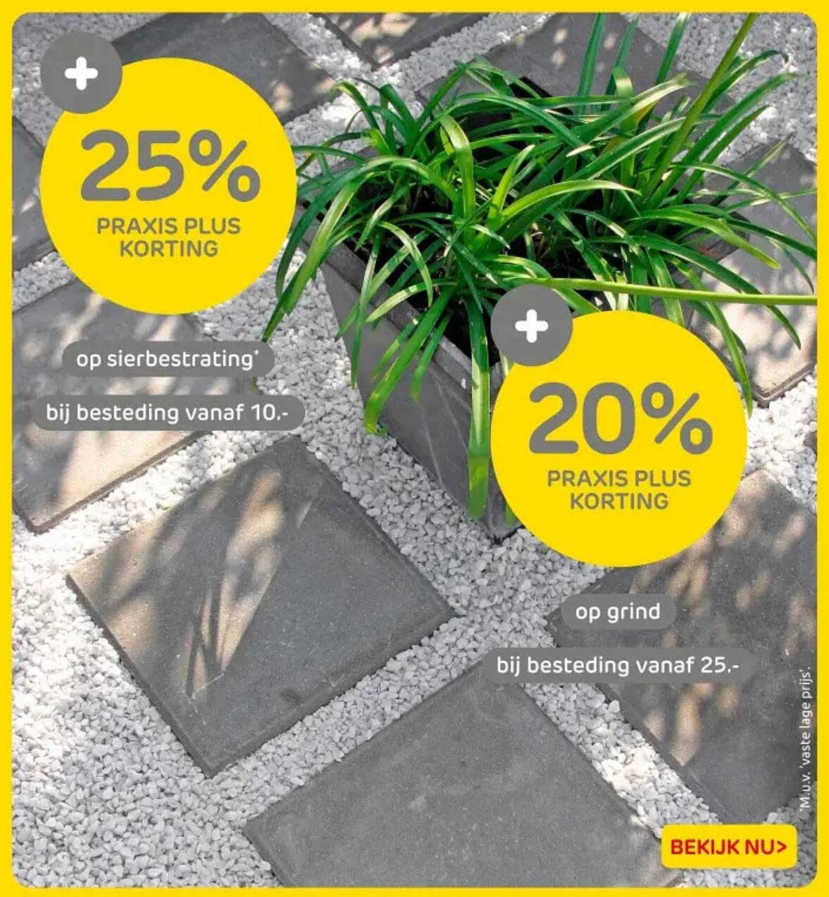 25% PRAxis Plus korting op sierbestrating bij besteding vanaf 10.- en 20% PRAxis Plus korting op grind bij besteding vanaf 25.-